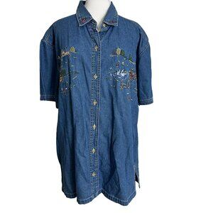 Vintage Bobbie Brooks Womens Size 14W/16W Denim Embroidered Shirt Ducks Apples